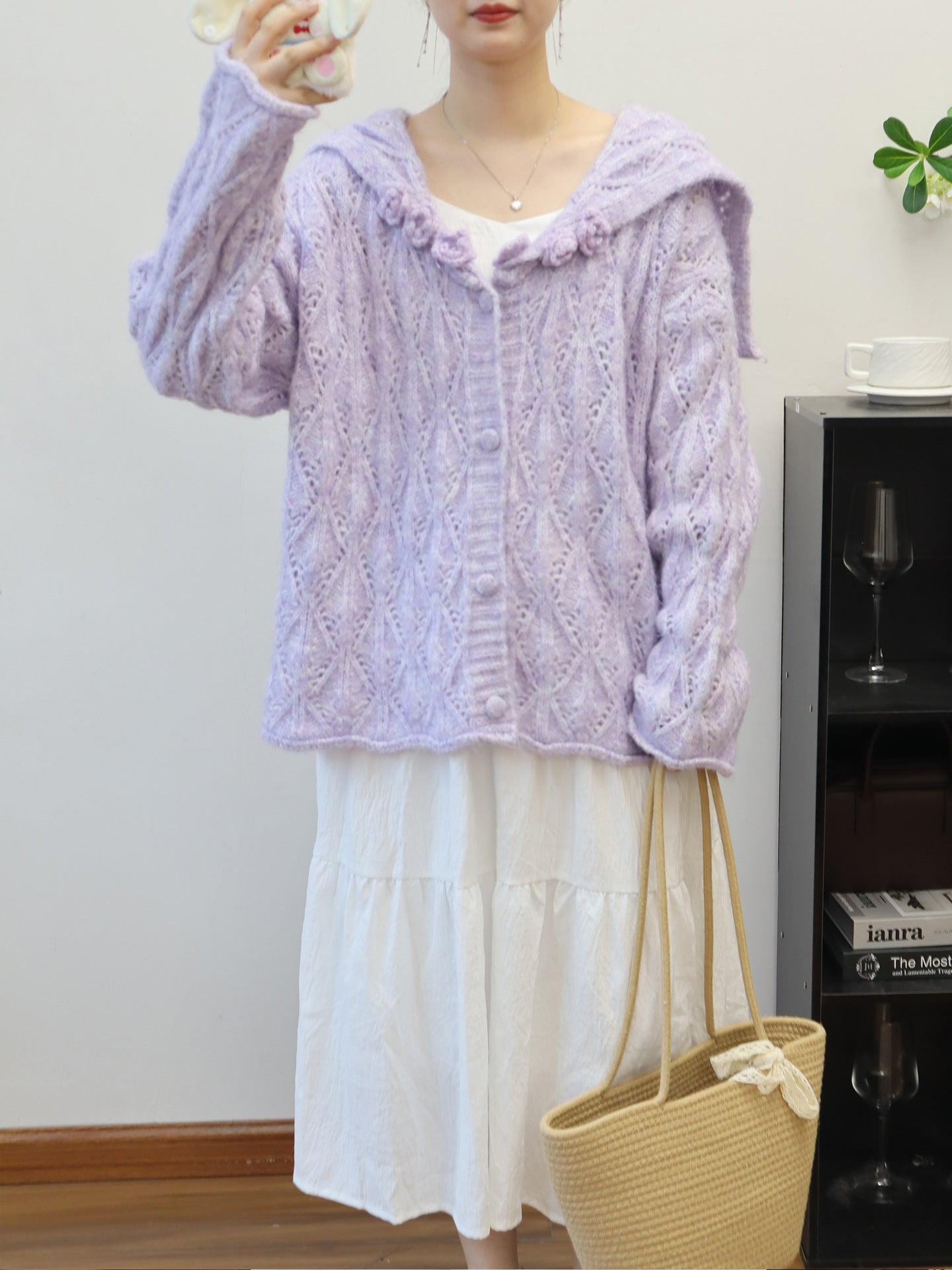 Hollow-out Three-dimensional Flower Collar Knit Cardigan Version Loose Soft Sweater Jacket for Women
