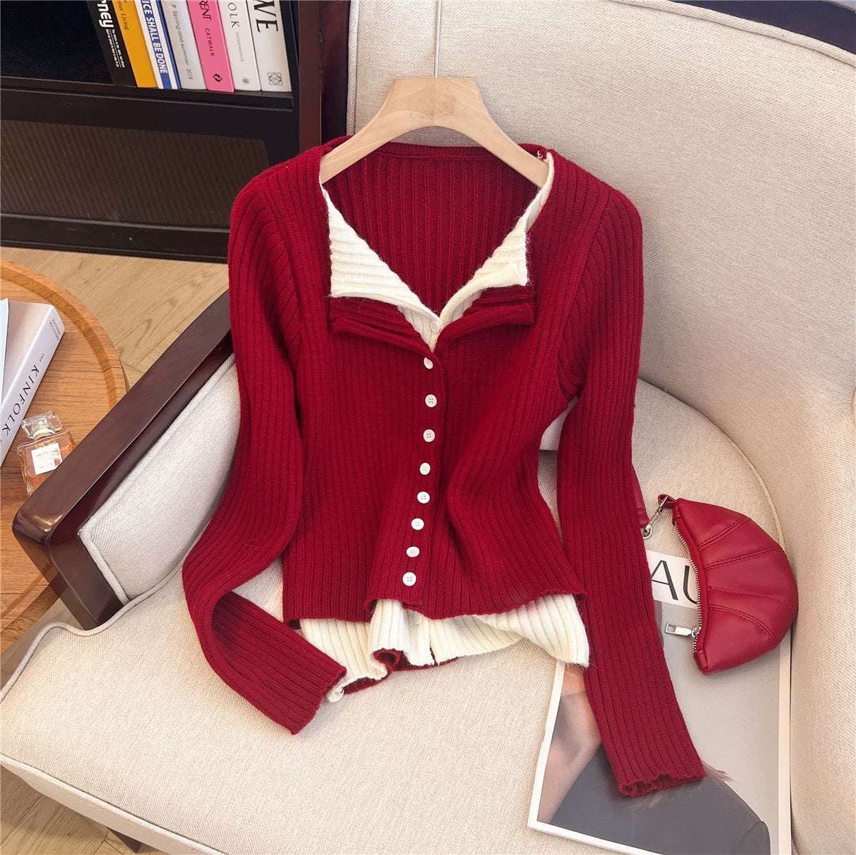 Color Block Two-Piece Lapel Long Sleeve Knit Cardigan Women's Slimming Sweater Inner Wear