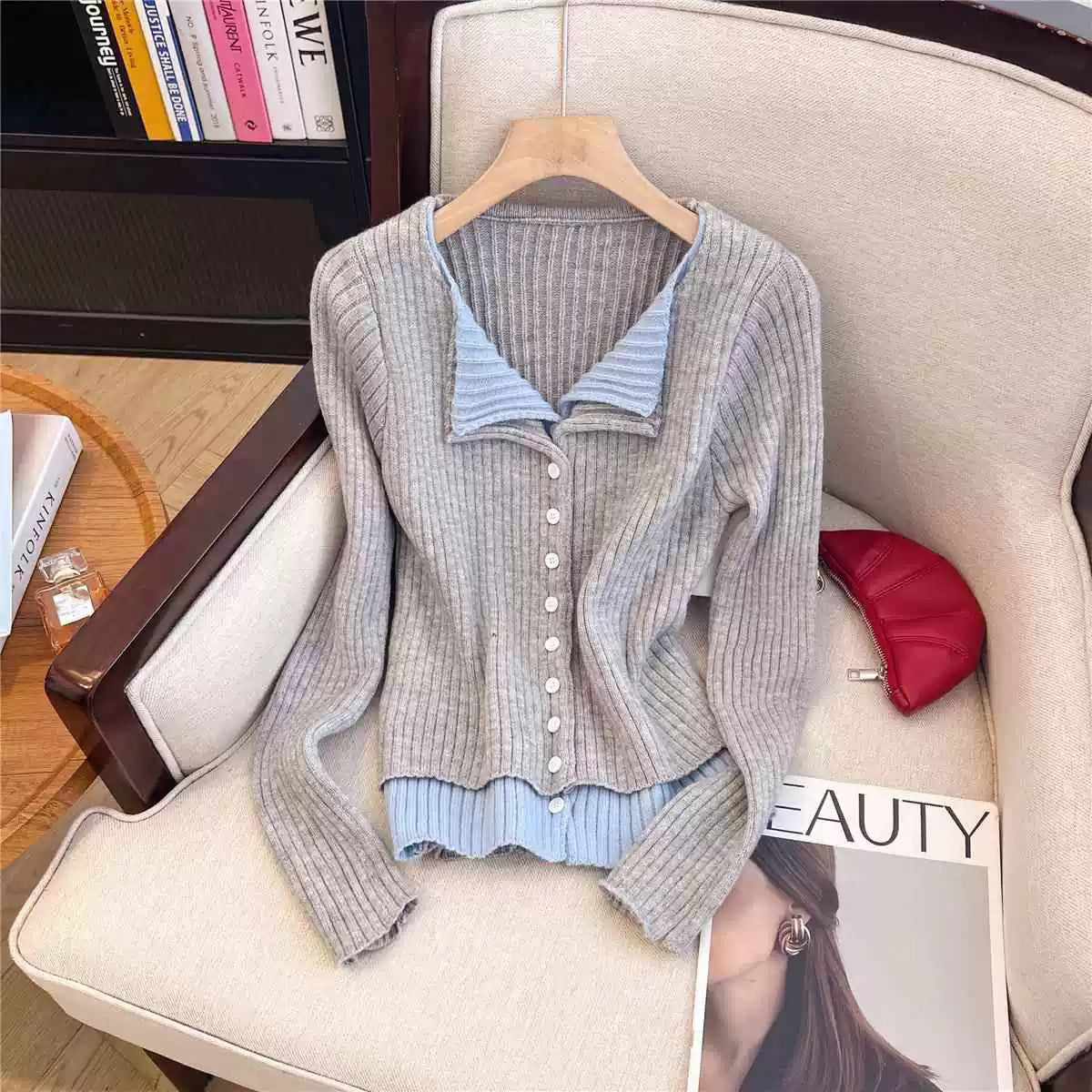 Color Block Two-Piece Lapel Long Sleeve Knit Cardigan Women's Slimming Sweater Inner Wear