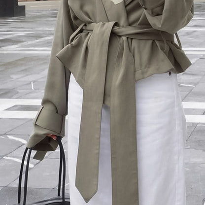 Style Women's Elegant Turn-Down Collar Belted Coat, Lazy Casual Versatile Trench Coat