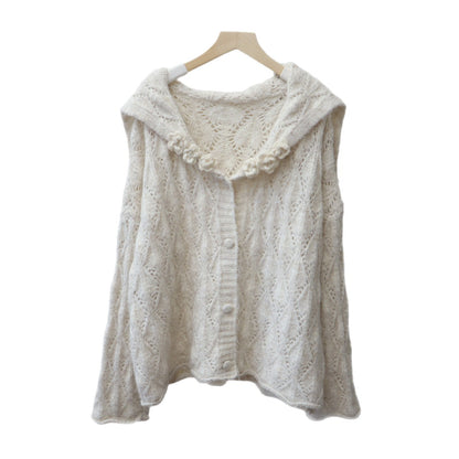 Hollow-out Three-dimensional Flower Collar Knit Cardigan Version Loose Soft Sweater Jacket for Women