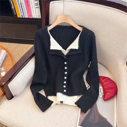 Color Block Two-Piece Lapel Long Sleeve Knit Cardigan Women's Slimming Sweater Inner Wear