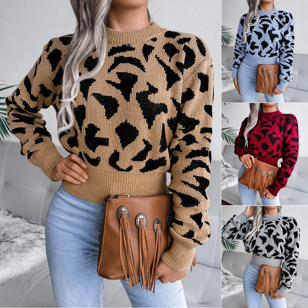 Leisure leopard print waist cinched knit crop top sweater