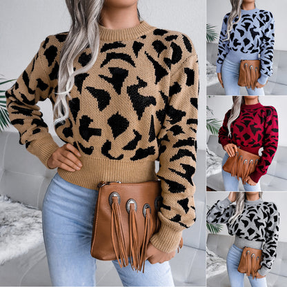 Leisure leopard print waist cinched knit crop top sweater