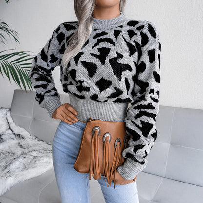 Leisure leopard print waist cinched knit crop top sweater