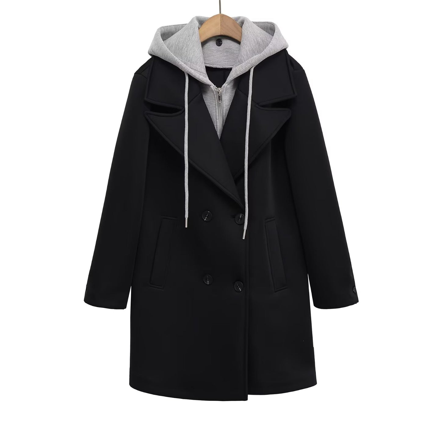 Loose double breasted detachable hooded coat for women