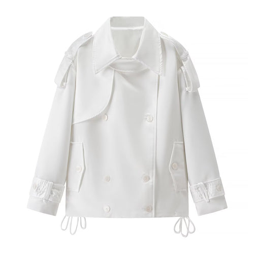 Long sleeved white double breasted loose jacket for women