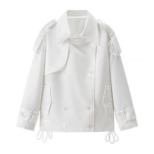 Long sleeved white double breasted loose jacket for women