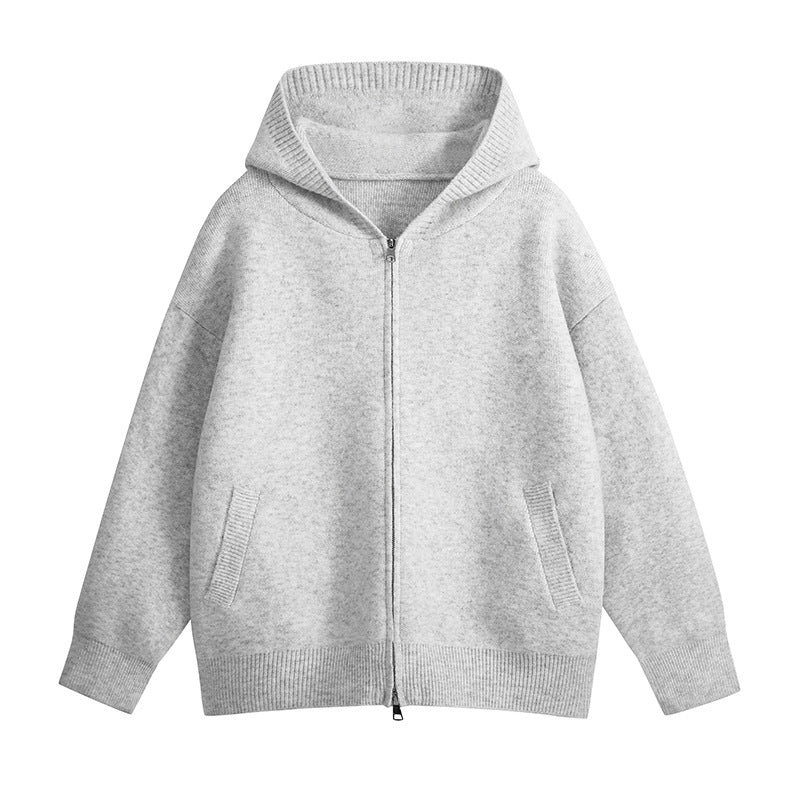 Preppy Style Solid Color Double-Zip Hooded Cardigan Sweater Coat