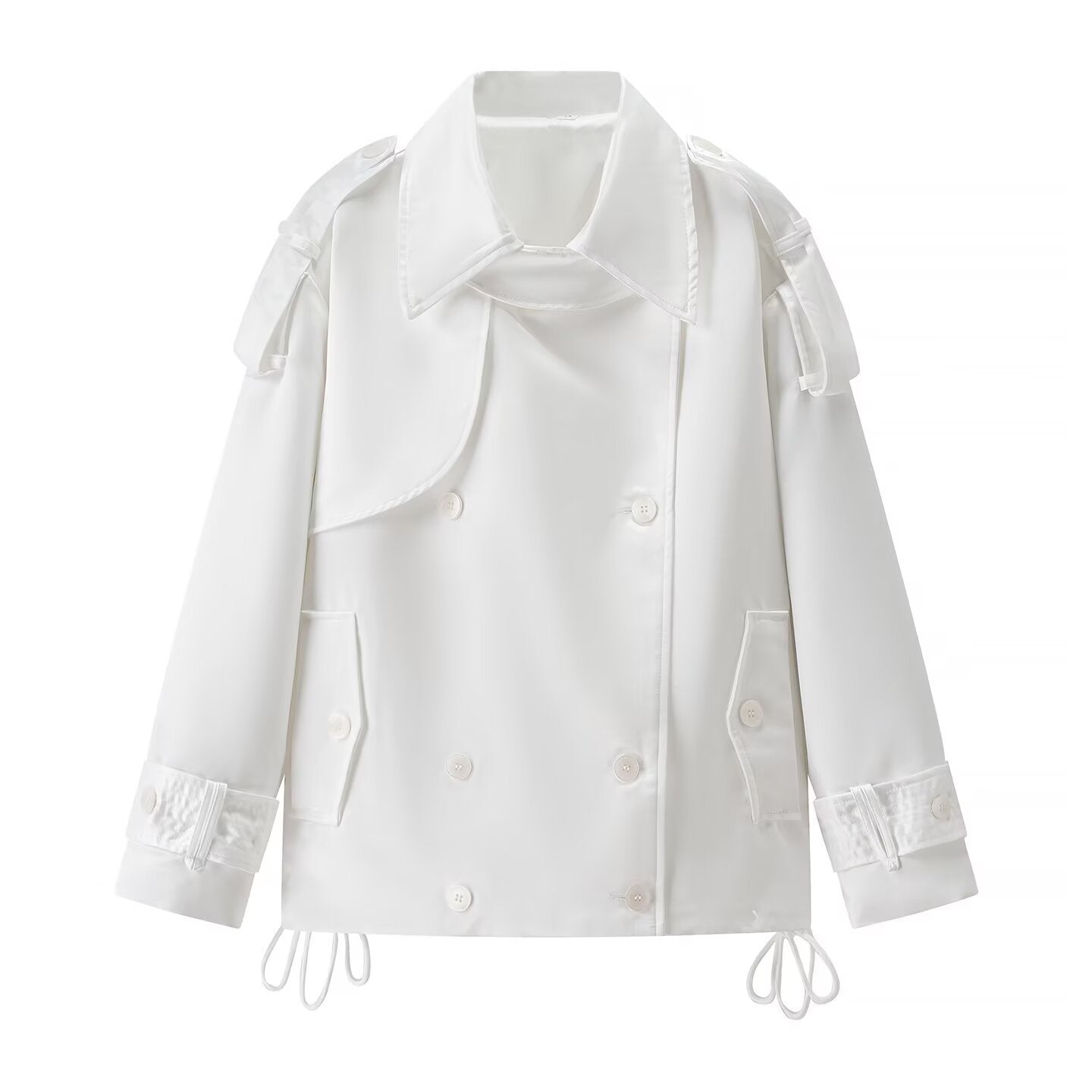 Long sleeved white double breasted loose jacket for women