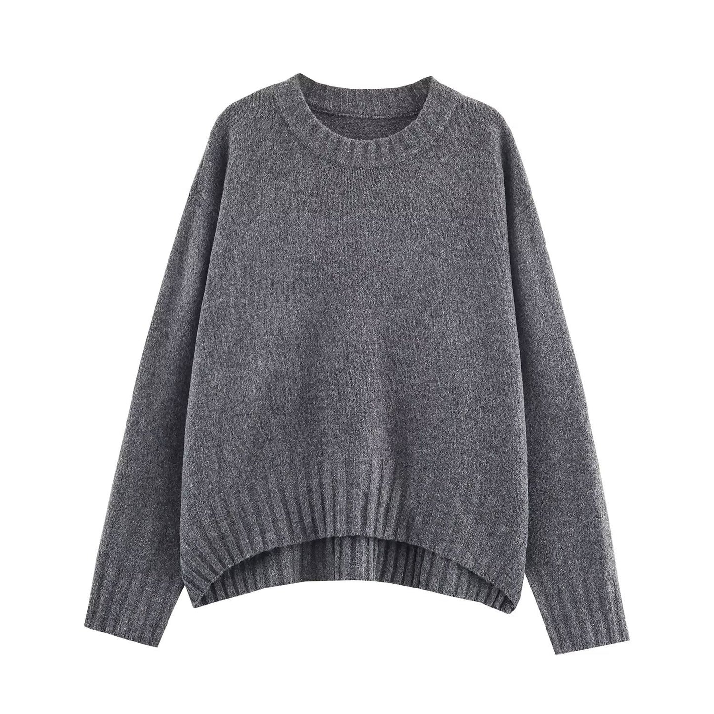 Round neck long sleeved loose fitting pullover knitted sweater for women