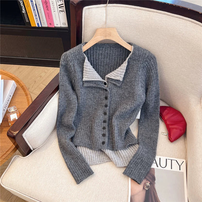Color Block Two-Piece Lapel Long Sleeve Knit Cardigan Women's Slimming Sweater Inner Wear