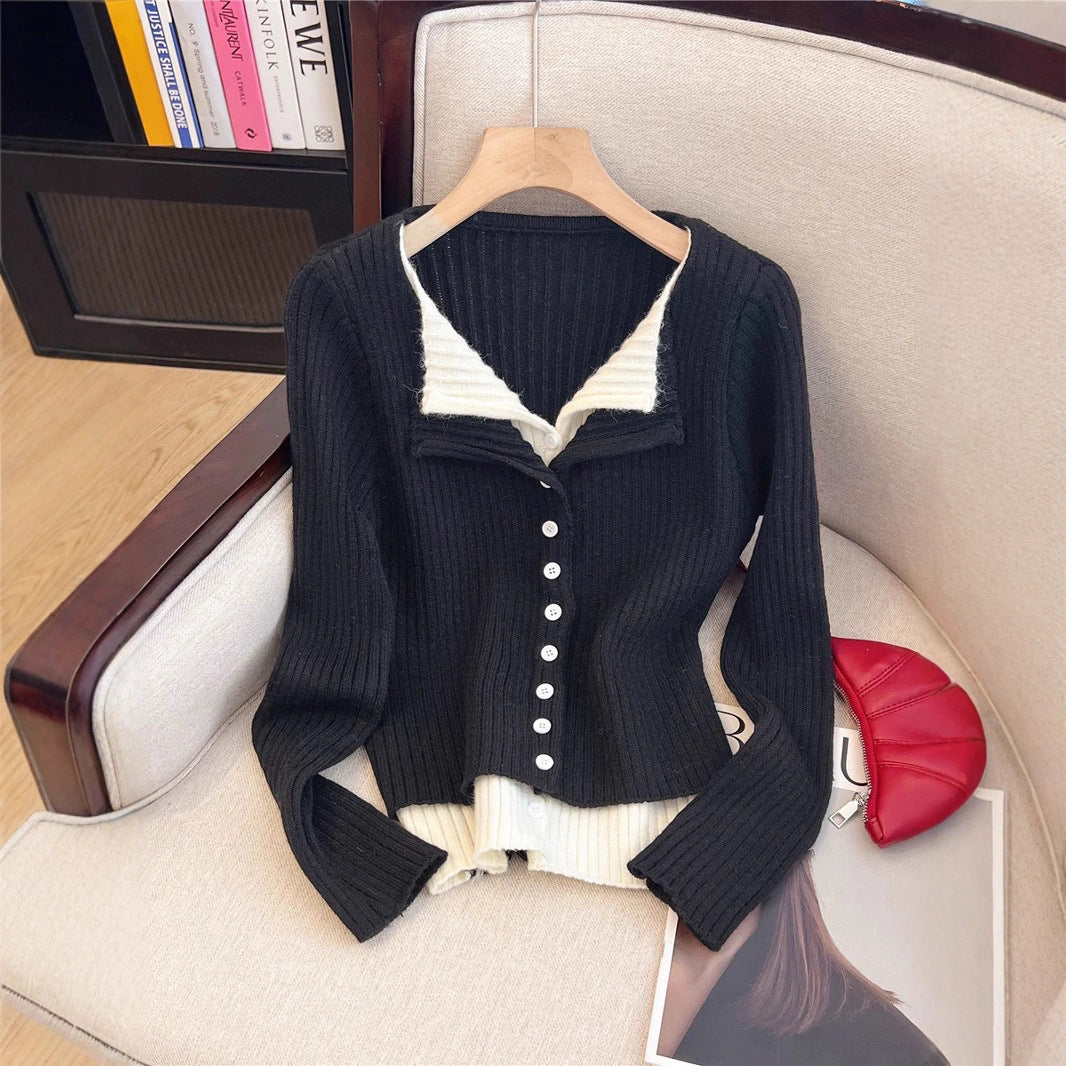 Color Block Two-Piece Lapel Long Sleeve Knit Cardigan Women's Slimming Sweater Inner Wear