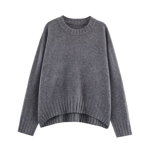 Round neck long sleeved loose fitting pullover knitted sweater for women