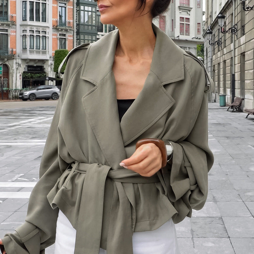 Style Women's Elegant Turn-Down Collar Belted Coat, Lazy Casual Versatile Trench Coat