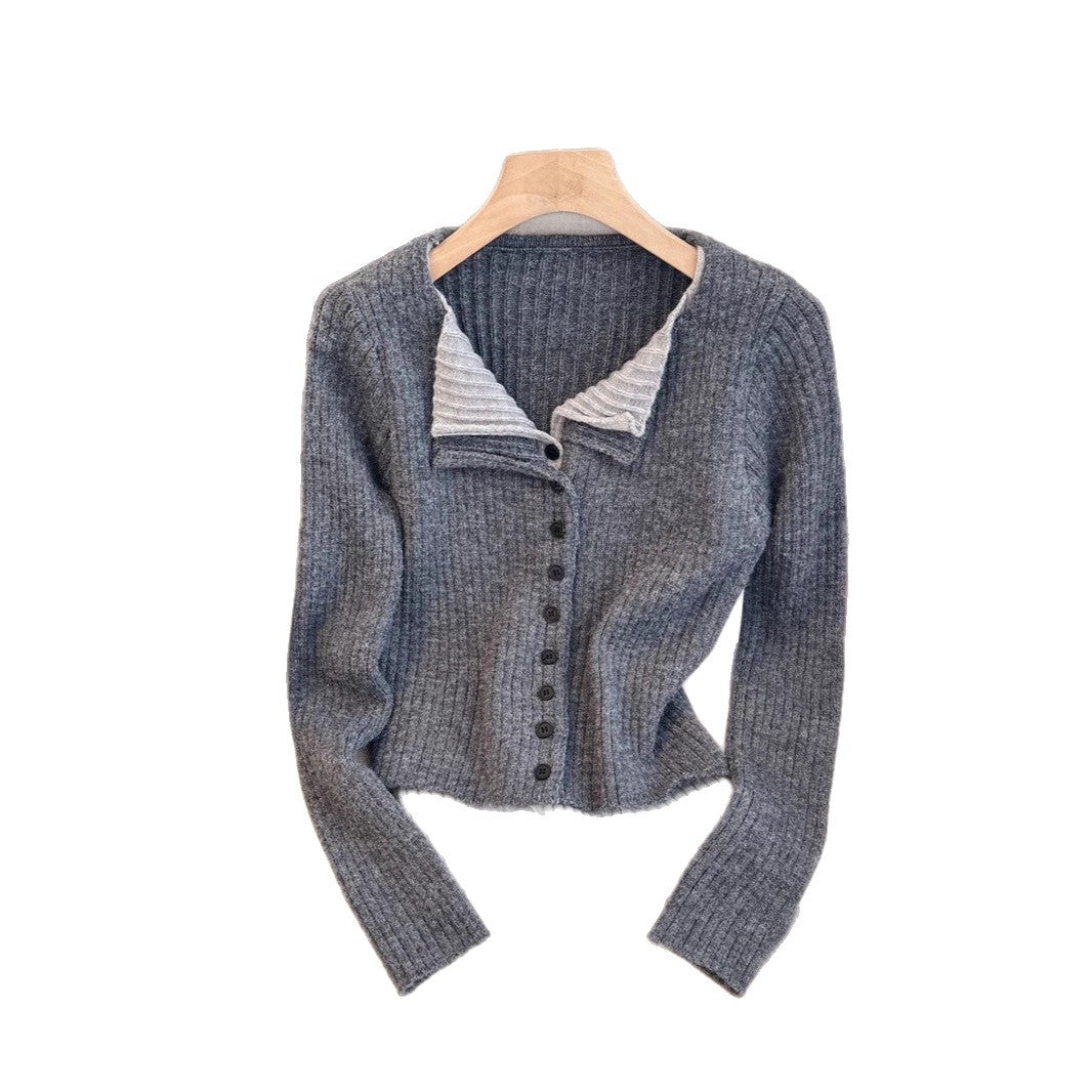 Color Block Two-Piece Lapel Long Sleeve Knit Cardigan Women's Slimming Sweater Inner Wear