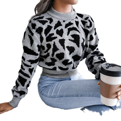 Leisure leopard print waist cinched knit crop top sweater